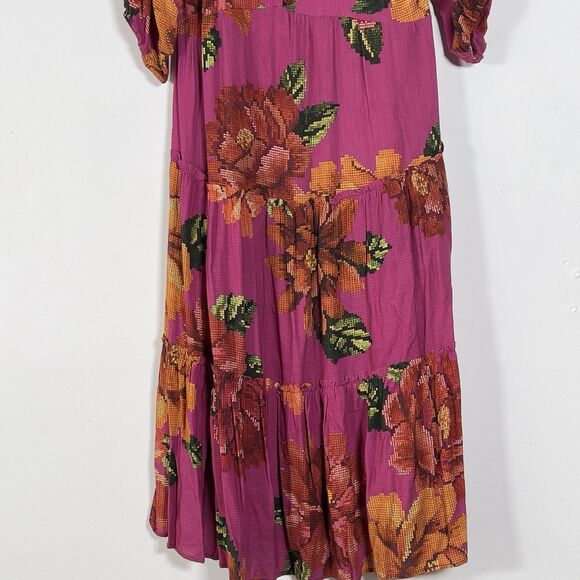 Farm Rio Tiered Midi Dress Womens Sz P (Small) Pink Floral Puff Sleeve - Picture 4 of 11